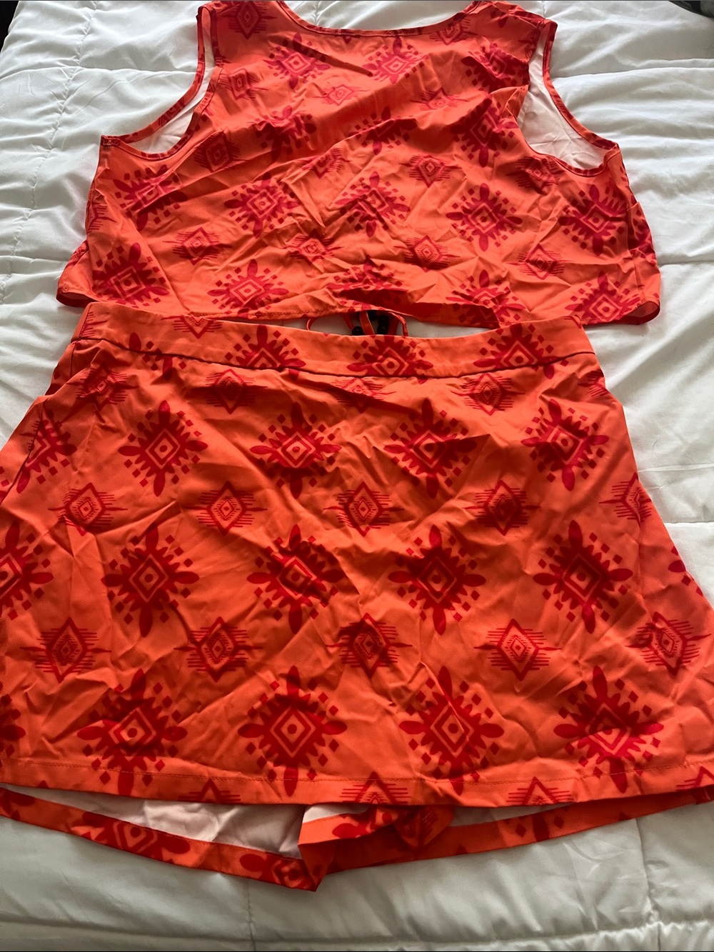 Shein Orange & Red Printed Two-Piece Crop Top and Skirt Set